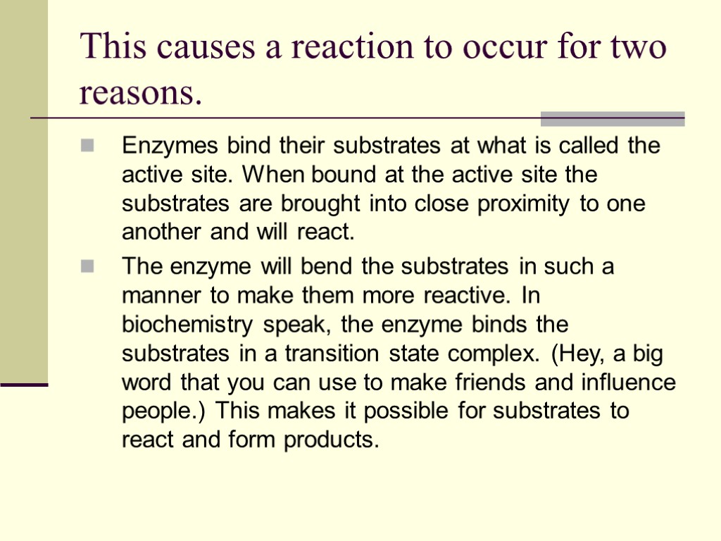 This causes a reaction to occur for two reasons. Enzymes bind their substrates at